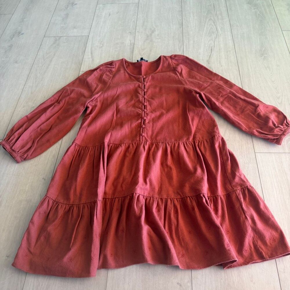 Madewell Flannel Button Tiered Swing Dress with Embroidered Long Sleeves Size s
